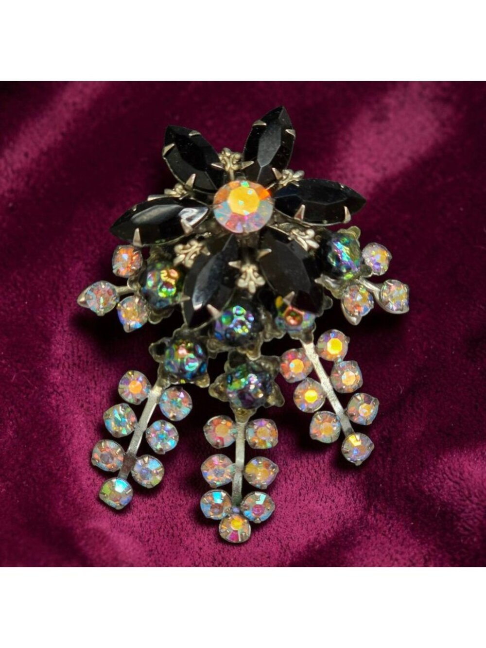 Vintage Black  Aurora Borealis Glass Rhinestone Fluer De Lis Brooch Pin